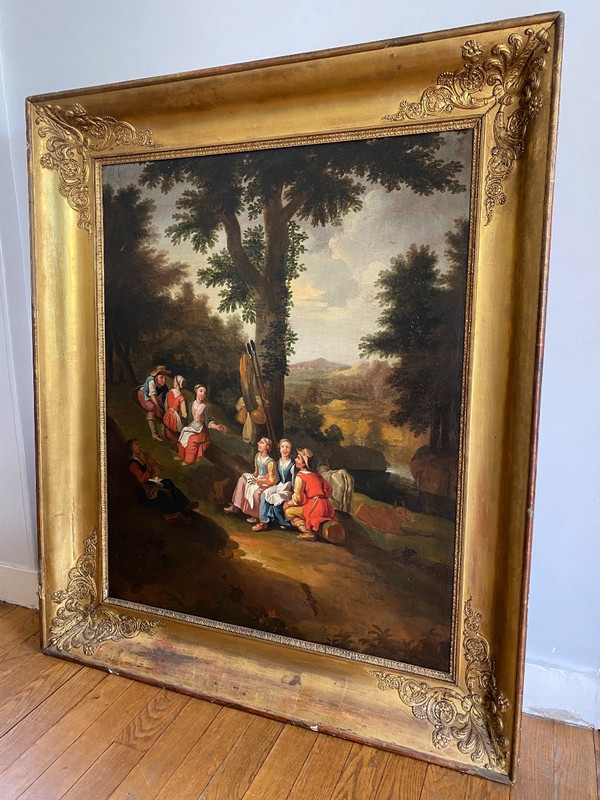 Grande olio su tela, scena di campagna, scuola olandese del XVIII secolo