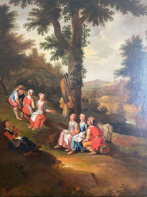 Grande olio su tela, scena di campagna, scuola olandese del XVIII secolo
