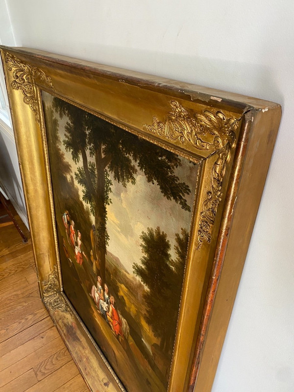 Grande olio su tela, scena di campagna, scuola olandese del XVIII secolo