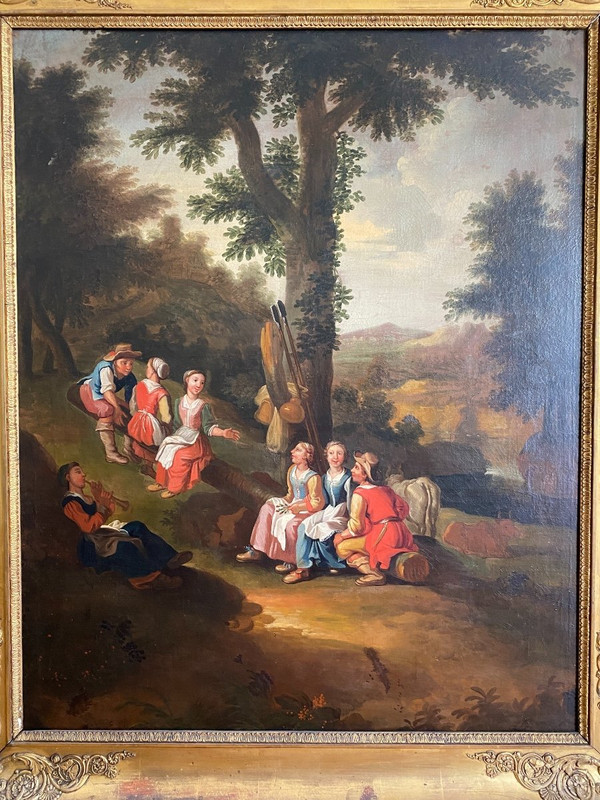 Grande olio su tela, scena di campagna, scuola olandese del XVIII secolo
