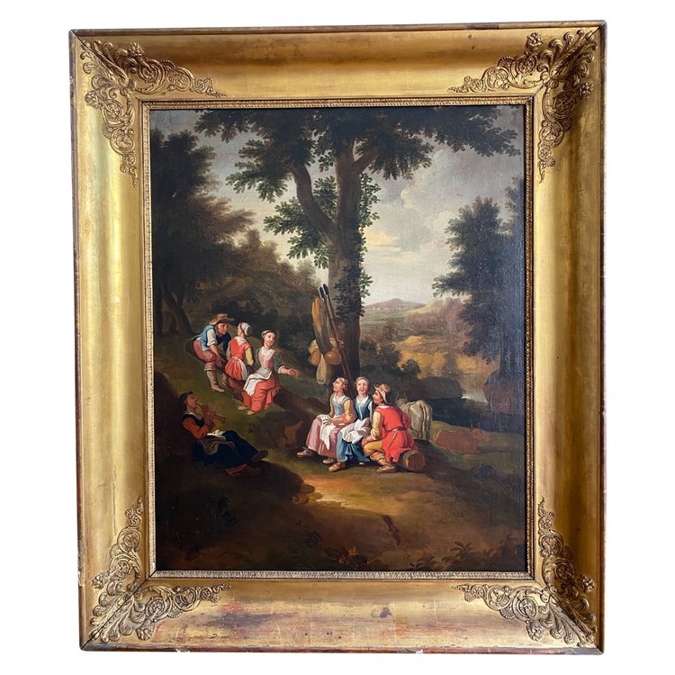 Grande olio su tela, scena di campagna, scuola olandese del XVIII secolo