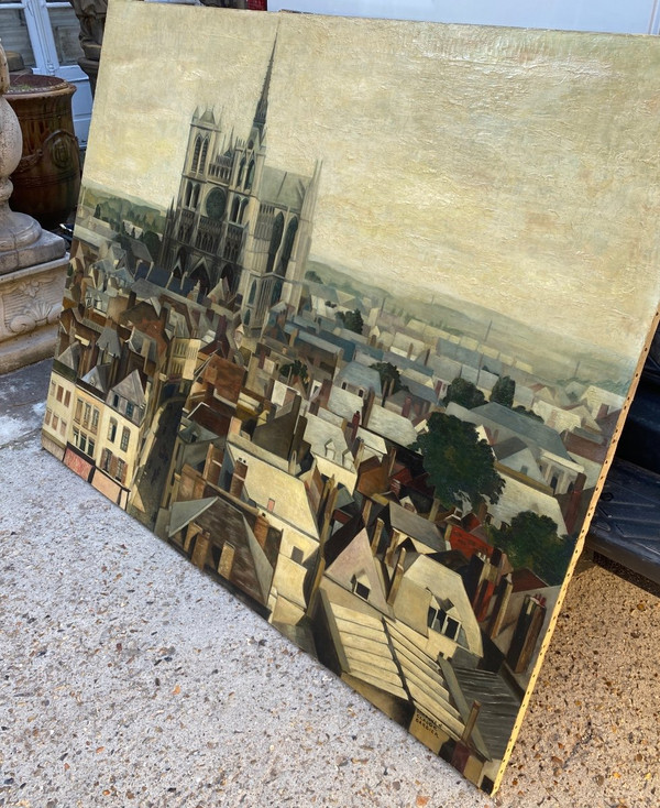 Große Ansicht Von Amiens Um 1950, Öl Auf Leinwand, Somme, Kathedrale,Dächer