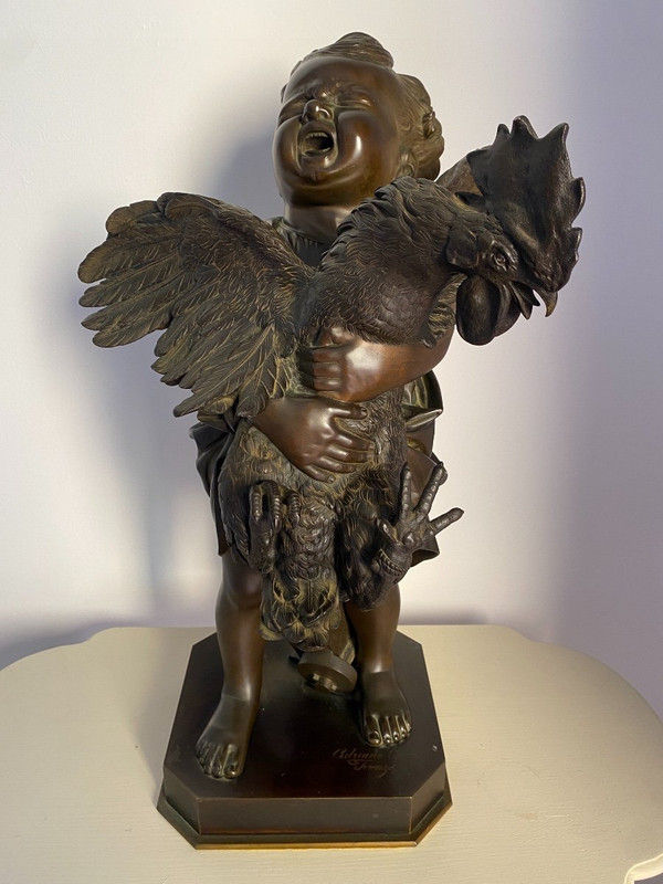 Grande scultura in bronzo del XIX secolo, "l'enfant au coq" firmata Adriano CECIONI (1838-1886)