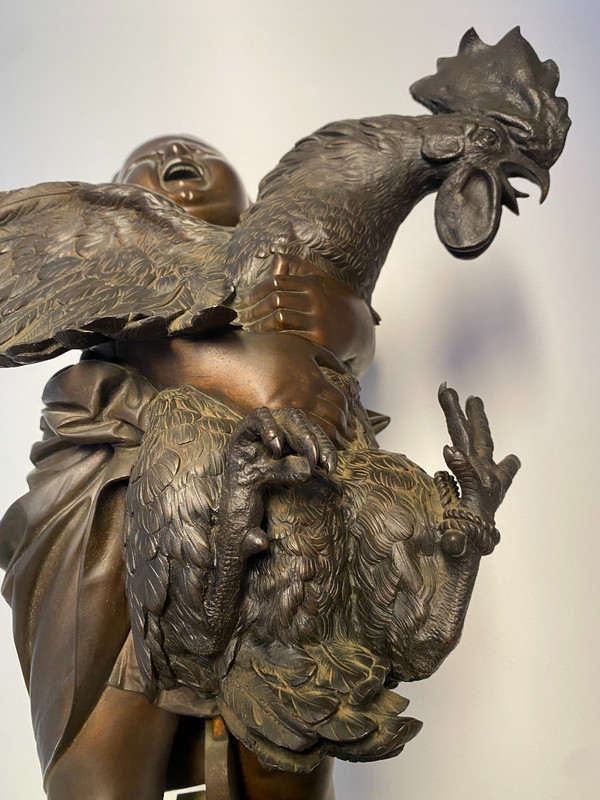 Grande scultura in bronzo del XIX secolo, "l'enfant au coq" firmata Adriano CECIONI (1838-1886)