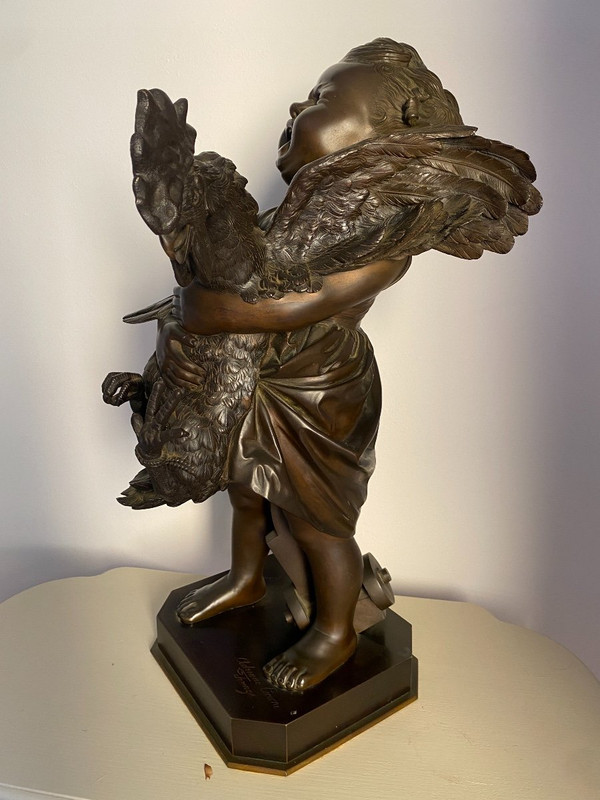 Grande scultura in bronzo del XIX secolo, "l'enfant au coq" firmata Adriano CECIONI (1838-1886)