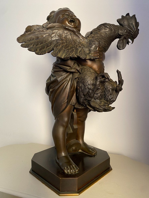 Grande scultura in bronzo del XIX secolo, "l'enfant au coq" firmata Adriano CECIONI (1838-1886)