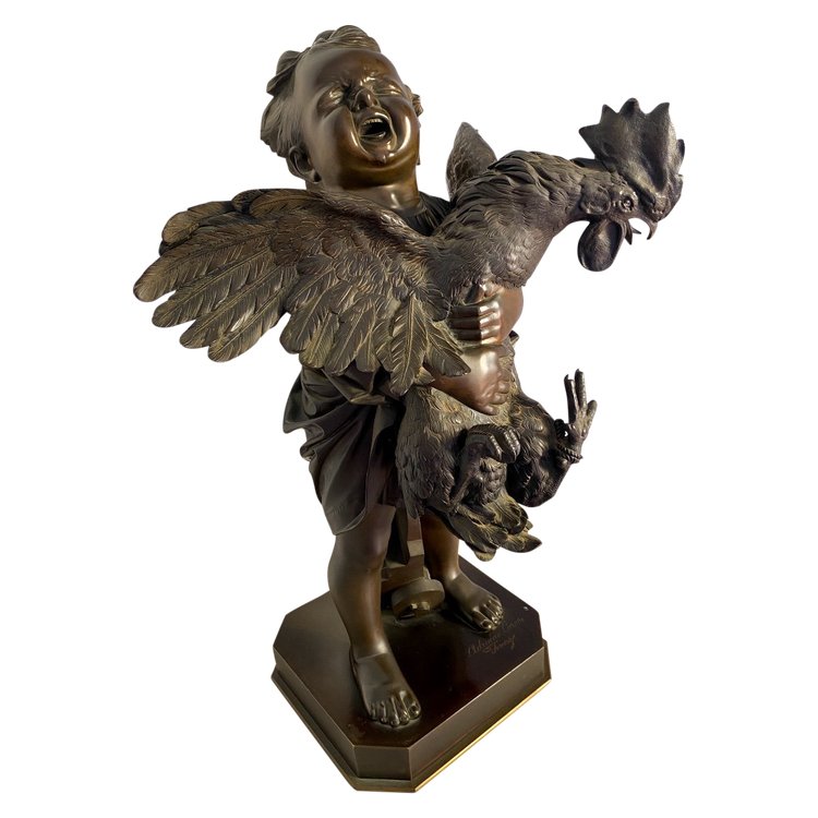 Grande scultura in bronzo del XIX secolo, "l'enfant au coq" firmata Adriano CECIONI (1838-1886)