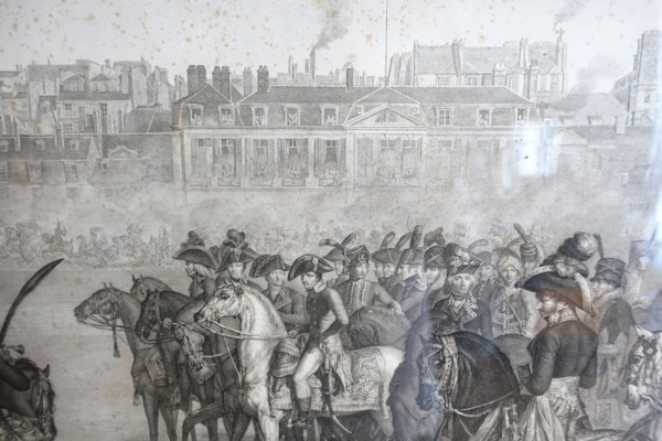 Grande incisione napoleonica: recensione del Generale Bonaparte 1° Console alle Tuileries, Vernet Isabey