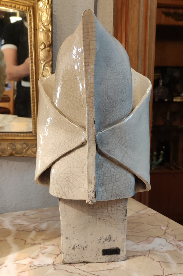 Large female bust in cracked ceramic religious/good sister Signed Stenne.