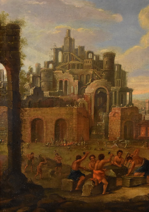 Bau des Turmbaus zu Babel, flämischer Maler 17.-18. Jahrhundert
