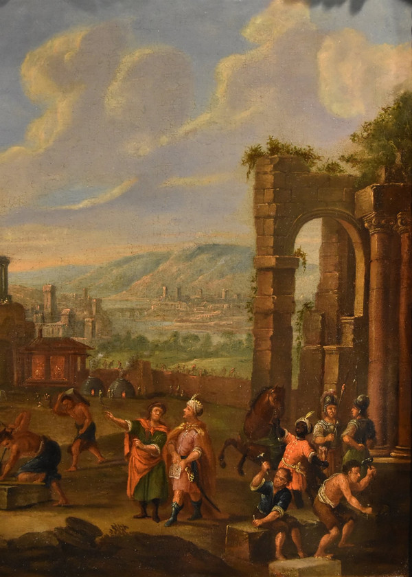 Bau des Turmbaus zu Babel, flämischer Maler 17.-18. Jahrhundert