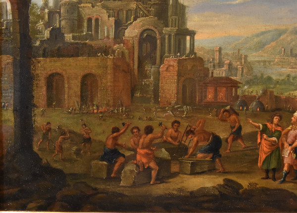Bau des Turmbaus zu Babel, flämischer Maler 17.-18. Jahrhundert