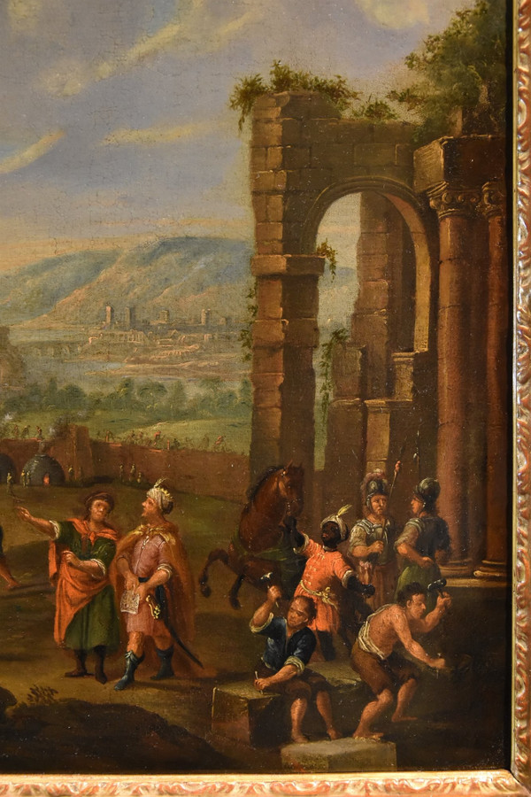 Bau des Turmbaus zu Babel, flämischer Maler 17.-18. Jahrhundert