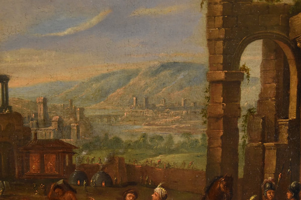Bau des Turmbaus zu Babel, flämischer Maler 17.-18. Jahrhundert