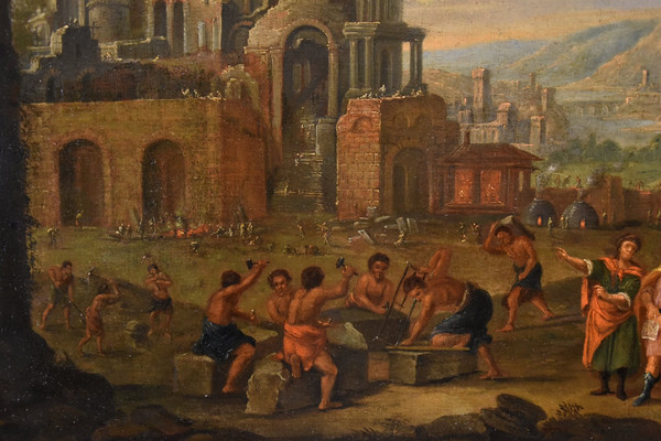 Bau des Turmbaus zu Babel, flämischer Maler 17.-18. Jahrhundert