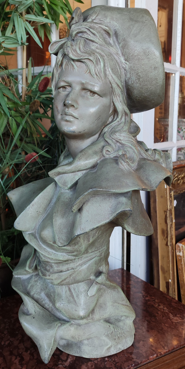 Grand buste de femme en fonte  Art Nouveau fin XIX ème signé Nelson