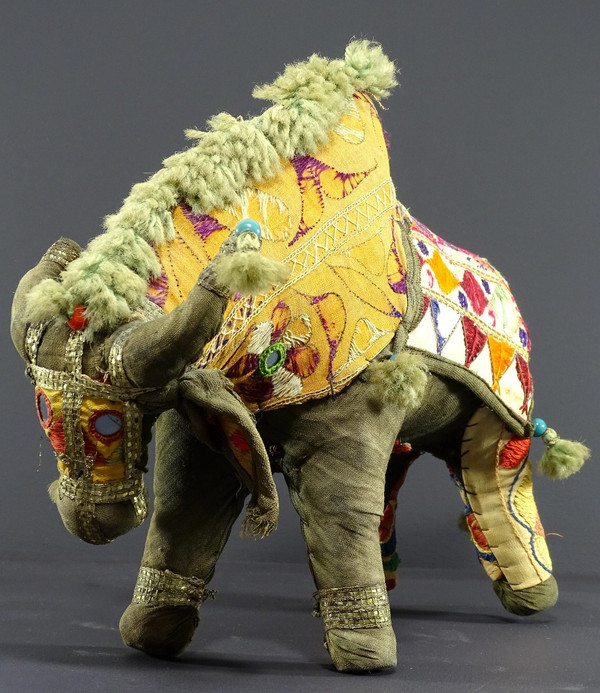 India, Mid 20th Century, Fabric Toy Depicting a Bull Decorated with Glass Beads.