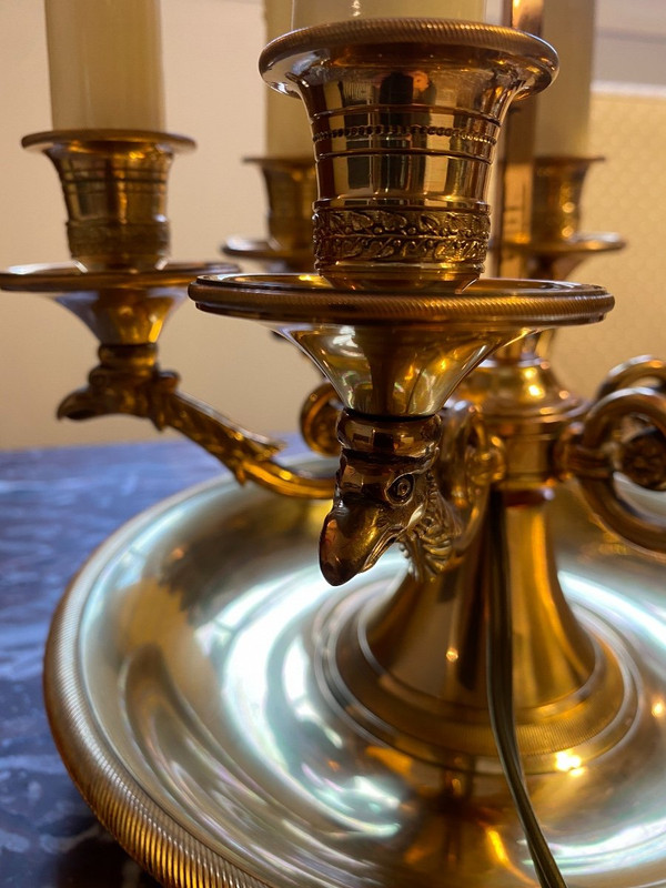 Lampada Bouillotte In Bronzo/paralume in lamiera rossa, 6 Luci, XX secolo