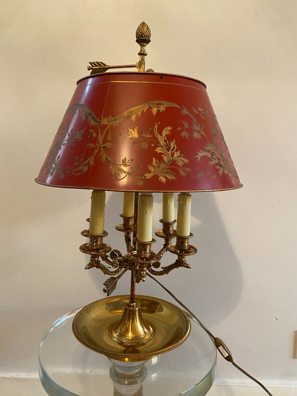 Lampada Bouillotte In Bronzo/paralume in lamiera rossa, 6 Luci, XX secolo