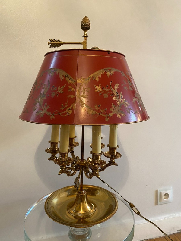 Lampada Bouillotte In Bronzo/paralume in lamiera rossa, 6 Luci, XX secolo