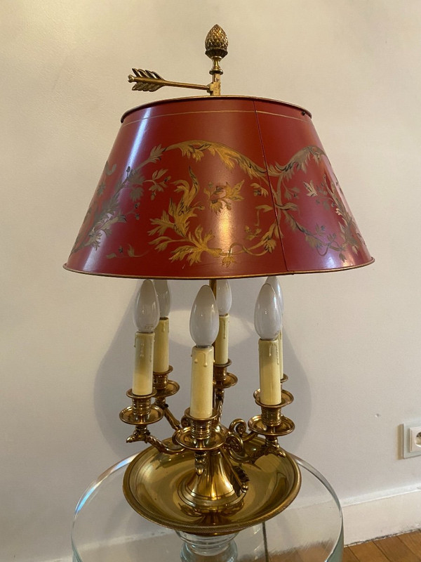 Lampada Bouillotte In Bronzo/paralume in lamiera rossa, 6 Luci, XX secolo