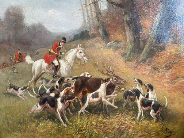 Tableau De Chasse cour XIXème, Oil On Canvas Signed Eugène Petit (1838-1886)