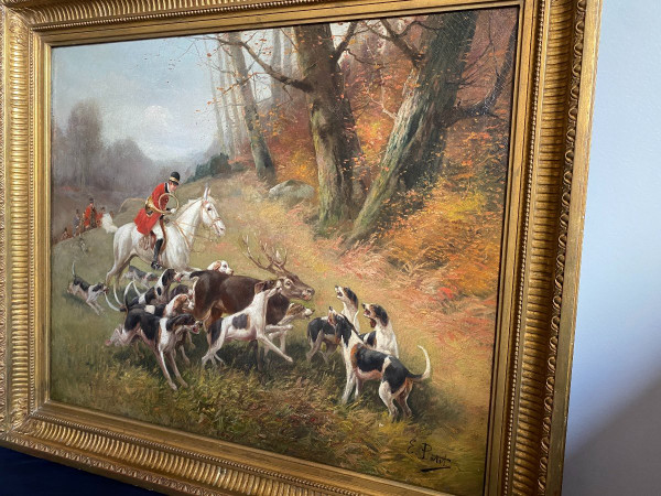Tableau De Chasse cour XIXème, Oil On Canvas Signed Eugène Petit (1838-1886)