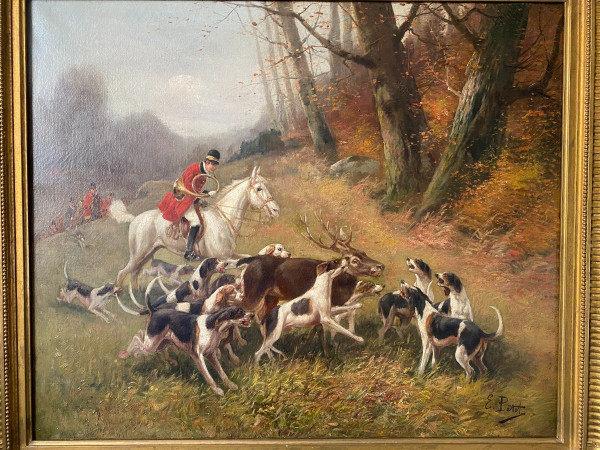 Tableau De Chasse cour XIXème, Oil On Canvas Signed Eugène Petit (1838-1886)