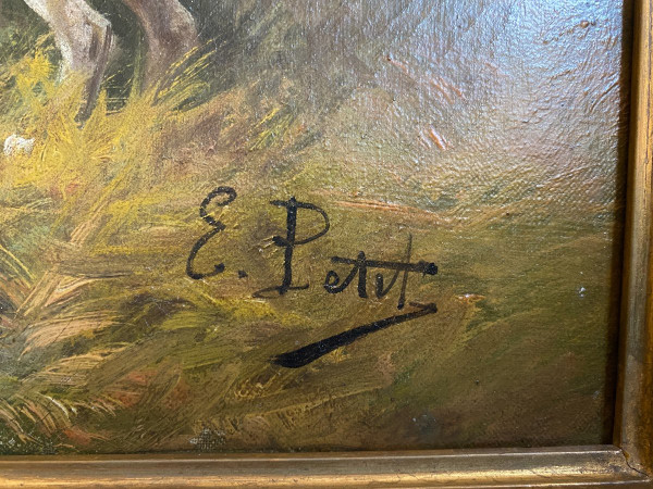 Tableau De Chasse cour XIXème, Oil On Canvas Signed Eugène Petit (1838-1886)