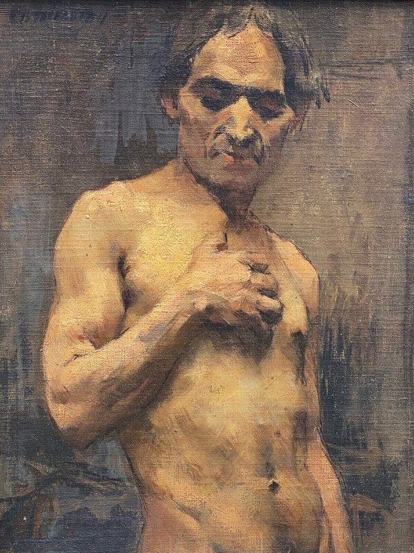 Huile sur panneau par Alain Beaufreton nu académique homme