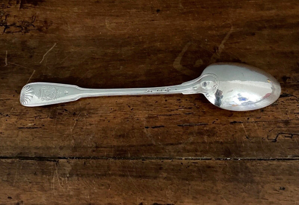 Solid silver stew spoon, 18th century shell model with coat of arms