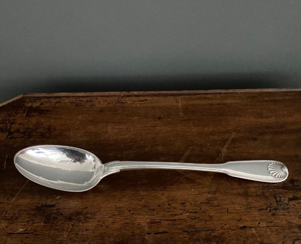 Solid silver stew spoon, 18th century shell model with coat of arms