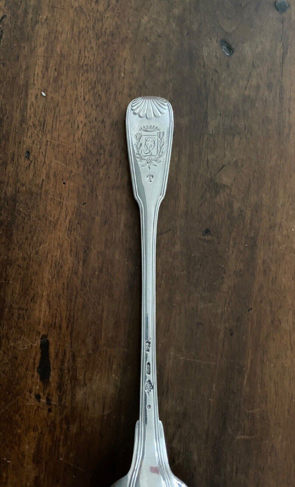 Solid silver stew spoon, 18th century shell model with coat of arms