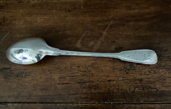 Solid silver stew spoon, 18th century shell model with coat of arms