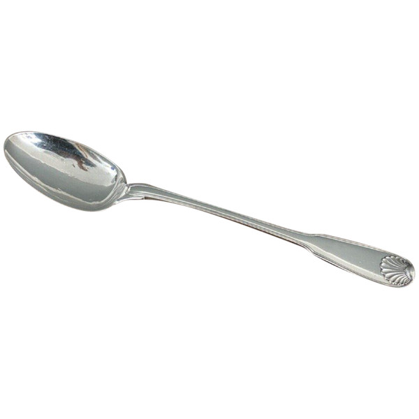 Solid silver stew spoon, 18th century shell model with coat of arms