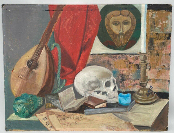 Oil on cardboard still life with mandolin and skull