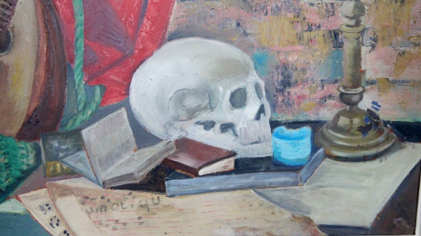 Oil on cardboard still life with mandolin and skull