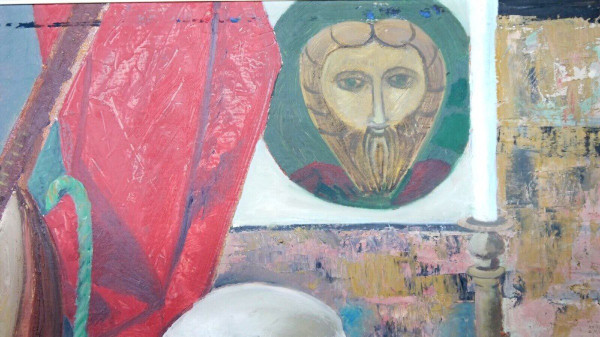 Oil on cardboard still life with mandolin and skull