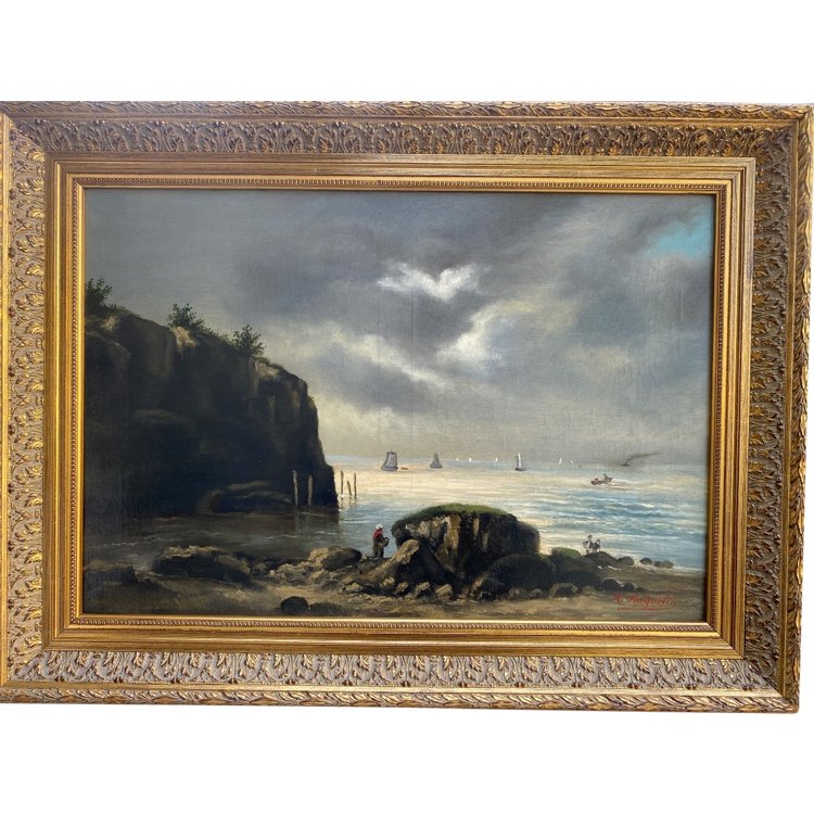 Huile Sur Toile Signée, Paysage Marin Fin XIXème, Cadre Barbizon