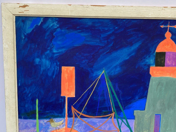 Watercolor and gouache on paper by M. Le Petit marine décor art naïf 1960