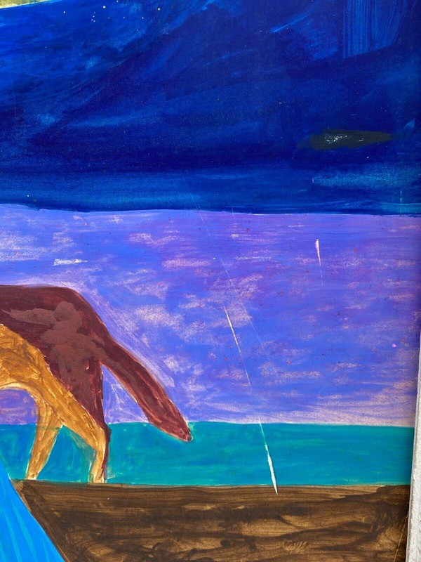 Watercolor and gouache on paper by M. Le Petit marine décor art naïf 1960