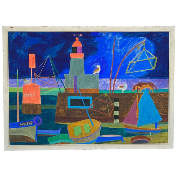 Watercolor and gouache on paper by M. Le Petit marine décor art naïf 1960
