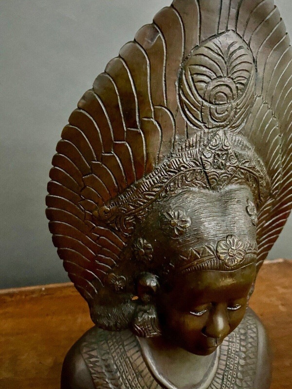 Balinese Indochinese dancer bust bronze peacock wheel crown
