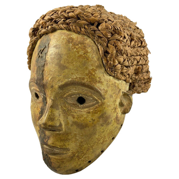 Maschera in legno intagliato e vimini intrecciato 1930 Africa bella patina