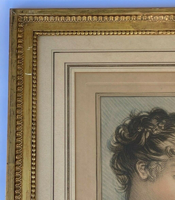Incisione di Mignon-Massart Donna del XVIII secolo, cornice dorata e perlata