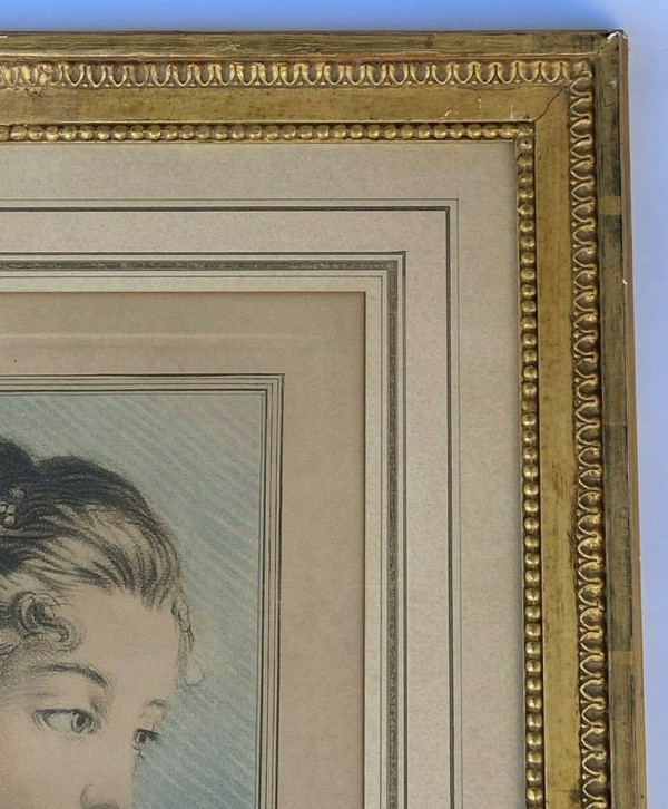 Incisione di Mignon-Massart Donna del XVIII secolo, cornice dorata e perlata
