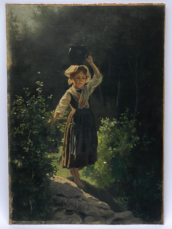 Olio su tavola giovane ragazza con brocca fine XIX secolo Barbizon sottobosco