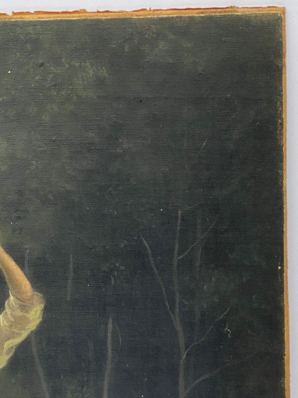 Olio su tavola giovane ragazza con brocca fine XIX secolo Barbizon sottobosco