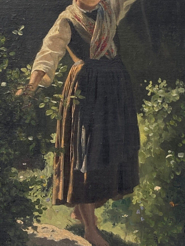 Olio su tavola giovane ragazza con brocca fine XIX secolo Barbizon sottobosco