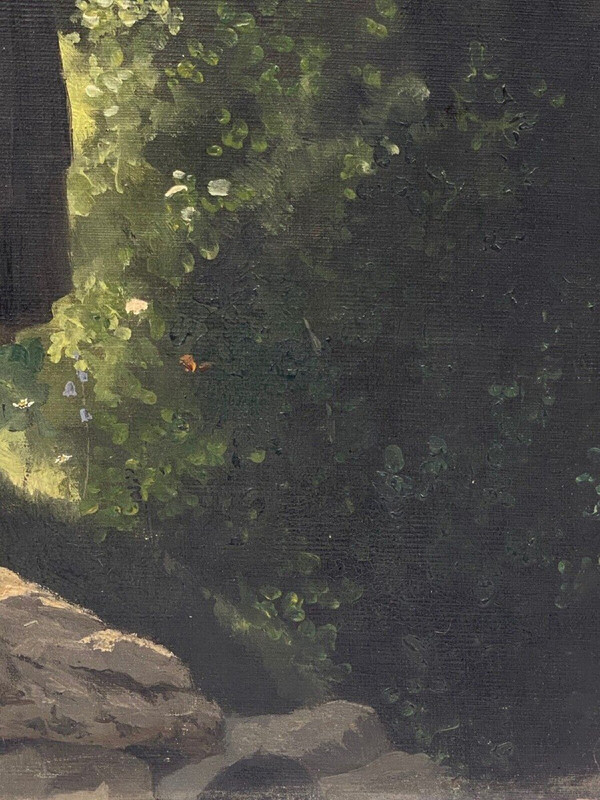 Olio su tavola giovane ragazza con brocca fine XIX secolo Barbizon sottobosco